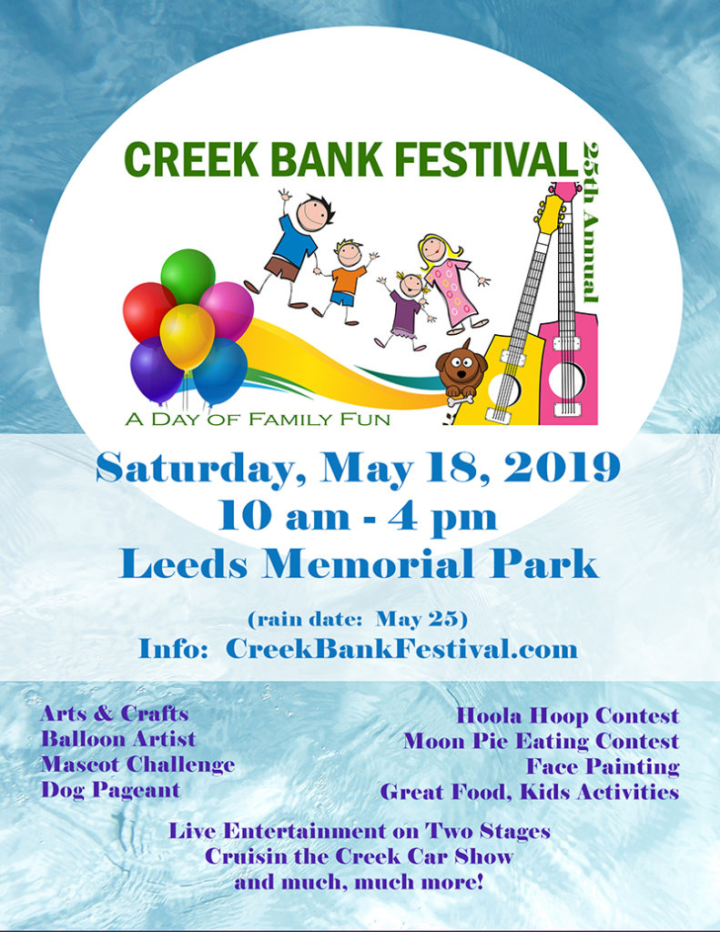 Celebrating 25 years of Leeds Creek Bank, the 2019 Creek Bank Festival flyer is hot off the press.  Feel free to download copies to distribute  | 205.699.5001